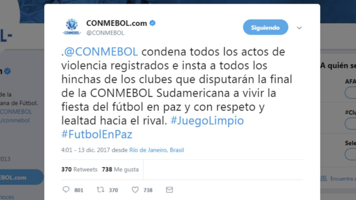 CONMEBOL condena los actos violentos en Copacabana