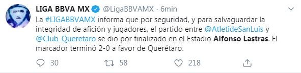 Liga BBVA MX informa que marcador terminó a favor de Querétaro