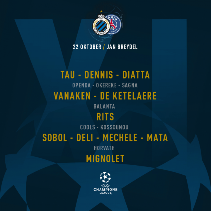 Alineación del Brujas ante el PSG.