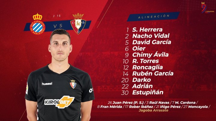 Alineación de Osasuna en el RCDE Stadium.
