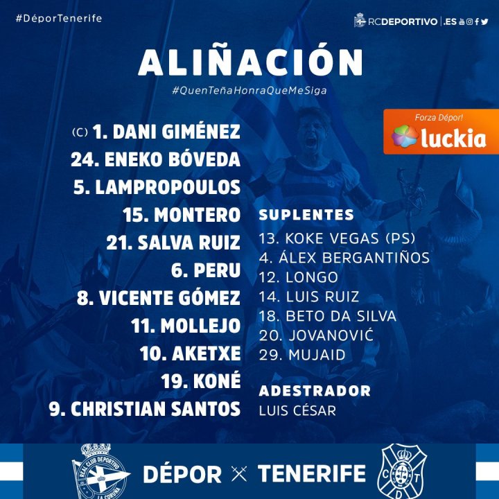Alineación del Deportivo de la Coruña ante el Tenerife.