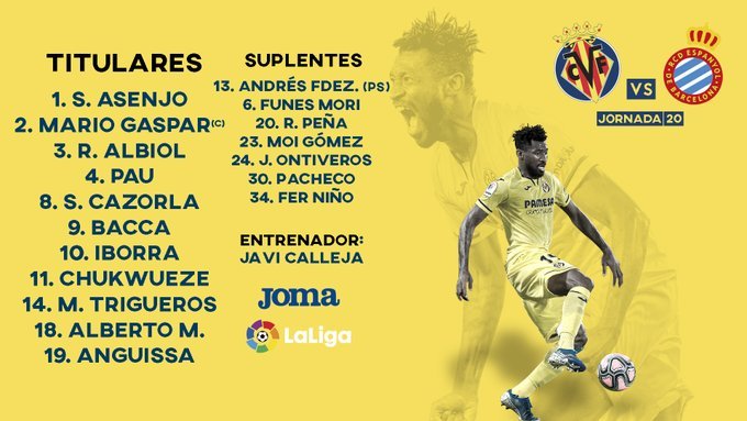 Alineación del Villarreal ante el Espanyol.