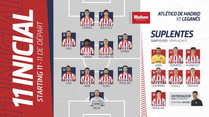 Alineación del Atlético de Madrid ante el Leganés.