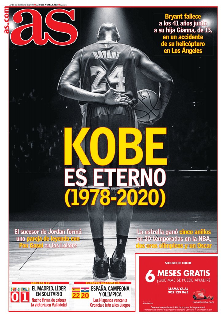 La portada de hoy en AS: "Kobe es eterno (1978-2020)"