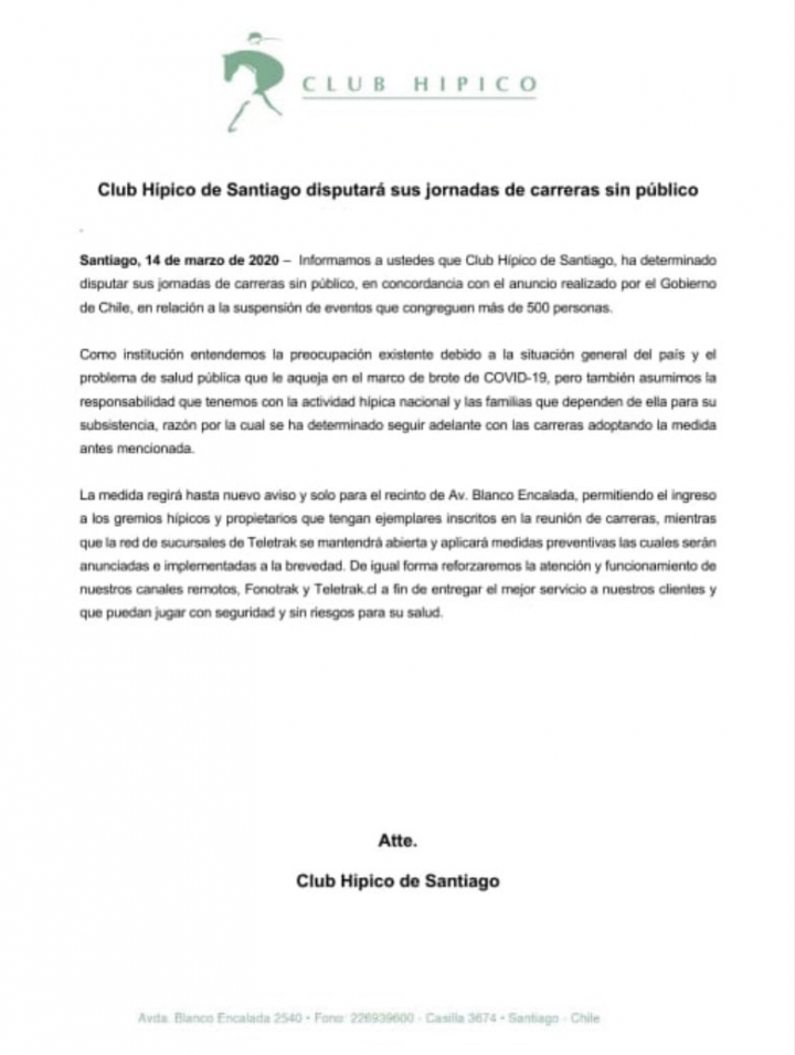 Comunicado Club Hípico de Santiago