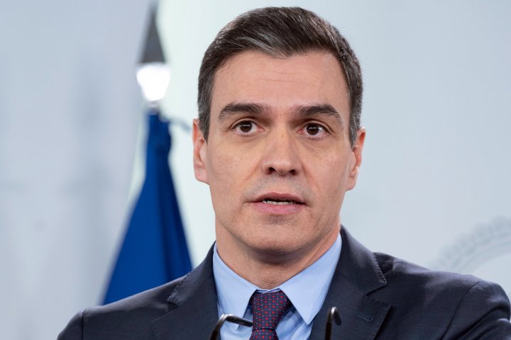 Spanish Prime Minister Pedro Sanchez giving a press conference in Madrid