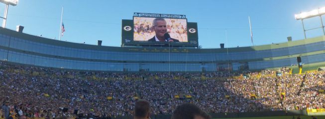 The Green Bay Packers retire Brett Favre's number 4.